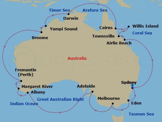 29 Night - Round Australia - Grand Princess - Starting in Sydney AU, Eden, Australia, Melbourne, Australia, Adelaide, Australia, Albany AU, Margaret River (Busselton), Australia, Perth (Fremantle), Australia, Broome, Australia, Yampi Sound (Scenic Cruising), Kimberley Coast (Scenic Cruising), Australia, Darwin, Australia, Cairns, Australia, Willis Island, Australia, Townsville, Australia, Airlie Beach, Australia, Sydney AU itinerary map