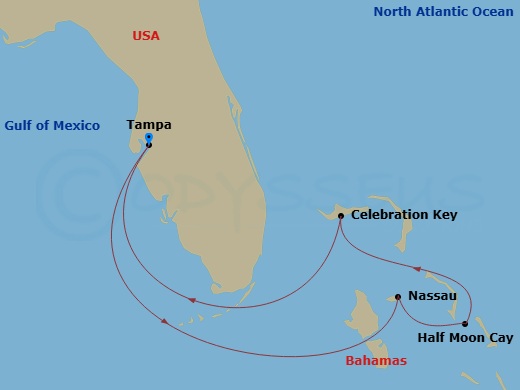 6 Night - Bahamas - Carnival Paradise - Starting in Tampa, Fl, Nassau, Bahamas, Relaxaway, Half Moon Cay, Celebration Key, the Bahamas, Tampa, Fl itinerary map