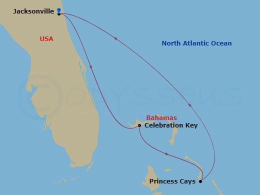 5 Night - Bahamas - Carnival Elation - Starting in Jacksonville, FL, Celebration Key, the Bahamas, Princess Cays, the Bahamas, Jacksonville, FL itinerary map