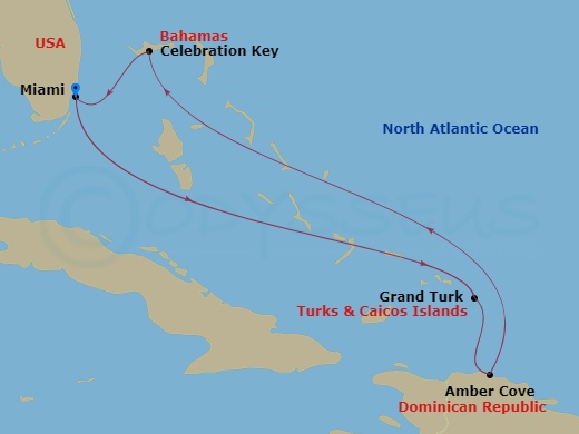 6 Night - Eastern Caribbean - Carnival Magic - Starting in Miami, Fl, Grand Turk, Amber Cove, Dominican Republic, Celebration Key, the Bahamas, Miami, Fl itinerary map