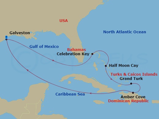 10 Night - Eastern Caribbean - Carnival Spirit - Starting in Galveston, Tx, Celebration Key, the Bahamas, Relaxaway, Half Moon Cay, Grand Turk, Amber Cove, Dominican Republic, Galveston, Tx itinerary map