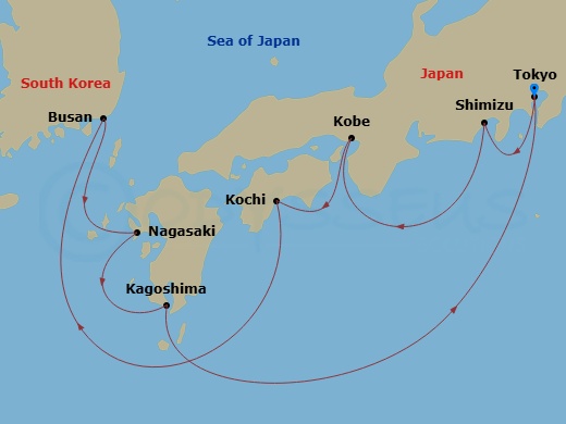 9 Night - A Journey Through Traditions and Coastal City Wonders - EXPLORA III - Starting in Tokyo, Shimizu, Kobe, Kochi, Busan (Pusan), Nagasaki, Kagoshima, Tokyo itinerary map