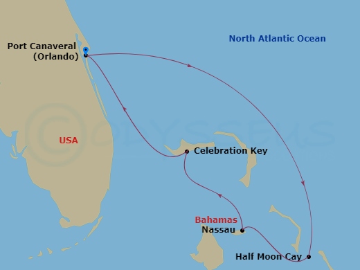 5 Night - Bahamas - Carnival Mardi Gras - Starting in Port Canaveral (Orlando), Fl, Relaxaway, Half Moon Cay, Nassau, Bahamas, Celebration Key, the Bahamas, Port Canaveral (Orlando), Fl itinerary map