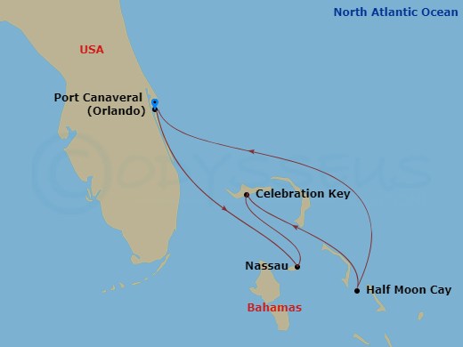 5 Night - Bahamas - Carnival Mardi Gras - Starting in Port Canaveral (Orlando), Fl, Nassau, Bahamas, Celebration Key, the Bahamas, Relaxaway, Half Moon Cay, Port Canaveral (Orlando), Fl itinerary map