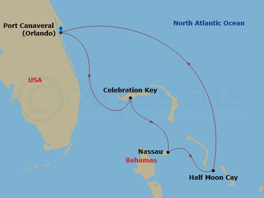 5 Night - Bahamas - Carnival Mardi Gras - Starting in Port Canaveral (Orlando), Fl, Nassau, Bahamas, Relaxaway, Half Moon Cay, Celebration Key, the Bahamas, Port Canaveral (Orlando), Fl itinerary map