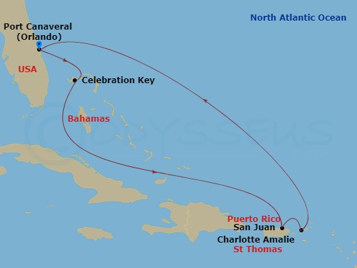 7 Night - Eastern Caribbean - Carnival Mardi Gras - Starting in Port Canaveral (Orlando), Fl, Celebration Key, the Bahamas, San Juan, Puerto Rico, St Thomas, US Virgin Islands, Port Canaveral (Orlando), Fl itinerary map