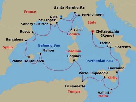 18 Night - Discover Cultures of the West Mediterranean - Emerald Sakara - Starting in Nice, France, Santa Margherita Ligure, Porto Venere, Italy, Calvi, France, Saint-Tropez, France, Sanary-sur-Mer, France, Roses, Spain, Barcelona, Spain, Palma De Mallorca, Spain, Mahon, Menorca, Spain, Cagliari, Sardinia, Italy, Tunis (La Goulette), Tunisia, Porto Empedocle, Italy, Valletta, Malta, Giardini Naxos, Taormina, Italy, Sorrento, Italy, Casamicciola Terme, Ischia, Italy, Civitavecchia (Rome), Italy itinerary map