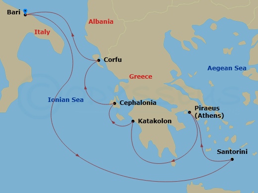 7 Night - Mediterranean - MSC Sinfonia - Starting in Bari, Italy, Santorini, Greece, Piraeus (Athens), Greece, Katakolon (Olympia), Greece, Cefalonia / Argostoli, Greece, Corfu, Greece, Bari, Italy itinerary map