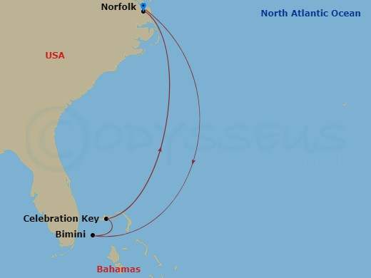 9 Night - Eastern Caribbean - Carnival Venezia - Starting in Manhattan, New York City, Celebration Key, the Bahamas, Nassau, Bahamas, Relaxaway, Half Moon Cay, Grand Turk, Manhattan, New York City itinerary map