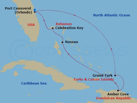 7 Night - Eastern Caribbean - Carnival Mardi Gras - Starting in Port Canaveral (Orlando), Fl, Grand Turk, Amber Cove, Dominican Republic, Nassau, Bahamas, Celebration Key, the Bahamas, Port Canaveral (Orlando), Fl itinerary map