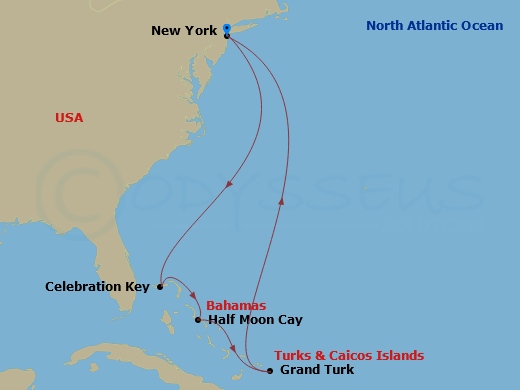 8 Night - Eastern Caribbean - Carnival Venezia - Starting in Manhattan, New York City, Celebration Key, the Bahamas, Relaxaway, Half Moon Cay, Grand Turk, Manhattan, New York City itinerary map