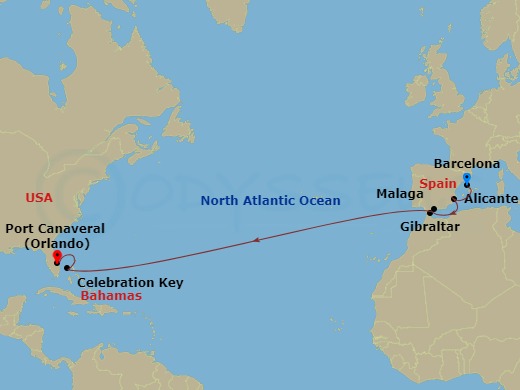 13 Night - Journeys - Transatlantic - Carnival Freedom - Starting in Barcelona, Spain, Alicante, Spain, Malaga, Spain, Gibraltar, Celebration Key, the Bahamas, Port Canaveral (Orlando), Fl itinerary map