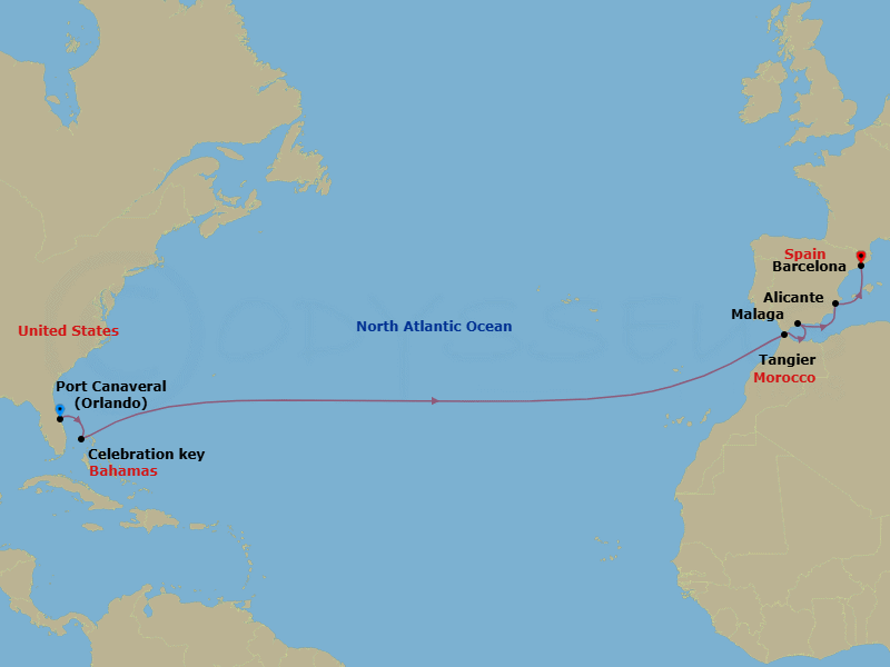 14 Night - Journeys - Transatlantic - Carnival Freedom - Starting in Port Canaveral (Orlando), Fl, Celebration Key, the Bahamas, Tangier, Morocco, Malaga, Spain, Alicante, Spain, Barcelona, Spain itinerary map