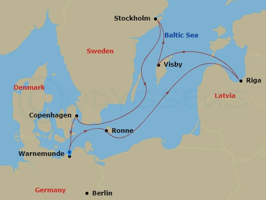 7 Night - Northern Europe - MSC Magnifica - Starting in Warnemunde (Berlin), Germany, Ronne, Denmark, Riga, Latvia, Visby, Sweden, Stockholm, Sweden, Copenhagen, Denmark, Warnemunde (Berlin), Germany itinerary map