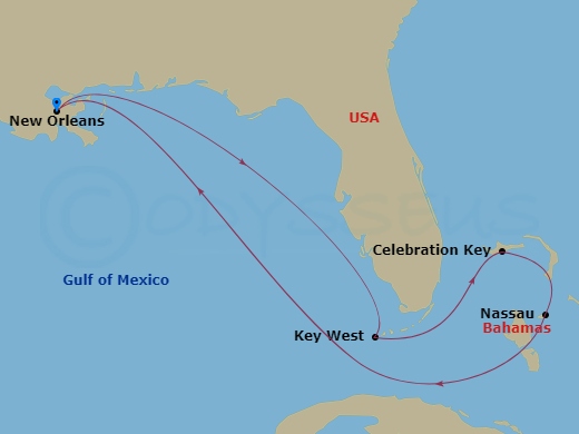 7 Night - Bahamas - Carnival Liberty - Starting in New Orleans, La, Key West, FL, Celebration Key, the Bahamas, Nassau, Bahamas, New Orleans, La itinerary map