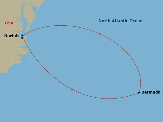 6 Night - Bahamas - Carnival Sunshine - Starting in Norfolk, Va, Nassau, Bahamas, Celebration Key, the Bahamas, Bimini, the Bahamas, Norfolk, Va itinerary map