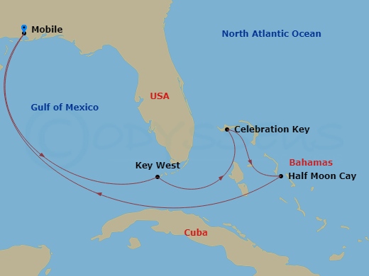 7 Night - Bahamas - Carnival Spirit - Starting in Mobile, Al, Key West, FL, Celebration Key, the Bahamas, Relaxaway, Half Moon Cay, Mobile, Al itinerary map