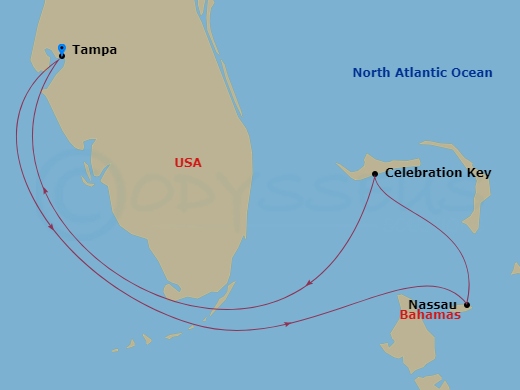 5 Night - Bahamas - Carnival Paradise - Starting in Tampa, Fl, Nassau, Bahamas, Celebration Key, the Bahamas, Tampa, Fl itinerary map