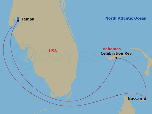 5 Night - Bahamas - Carnival Paradise - Starting in Tampa, Fl, Celebration Key, the Bahamas, Nassau, Bahamas, Tampa, Fl itinerary map
