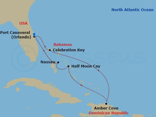 7 Night - Eastern Caribbean - Carnival Mardi Gras - Starting in Port Canaveral (Orlando), Fl, Nassau, Bahamas, Relaxaway, Half Moon Cay, Amber Cove, Dominican Republic, Celebration Key, the Bahamas, Port Canaveral (Orlando), Fl itinerary map