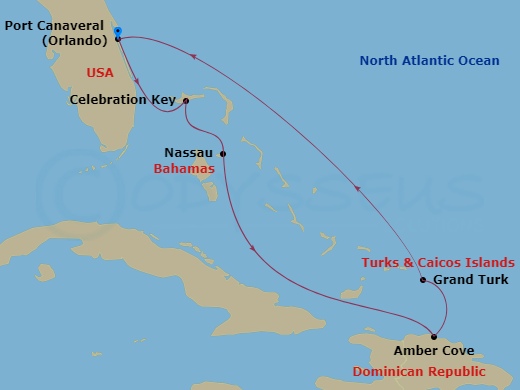 7 Night - Eastern Caribbean - Carnival Mardi Gras - Starting in Port Canaveral (Orlando), Fl, Celebration Key, the Bahamas, Nassau, Bahamas, Amber Cove, Dominican Republic, Grand Turk, Port Canaveral (Orlando), Fl itinerary map