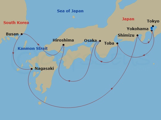 10 Night - Japan Explorer - Diamond Princess - Starting in Tokyo (Yokohama), Japan, Toba, Japan, Osaka (for Kyoto), Japan, Hiroshima, Japan, Kanmon Straits, Japan, Busan, South Korea, Nagasaki, Japan, Shimizu (for Mount Fuji), Japan, Tokyo (Yokohama), Japan itinerary map