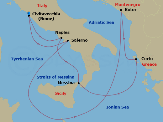 7 Night - Mediterranean & Adriatic - Enchanted Princess - Starting in Civitavecchia (for Rome), Italy, Amalfi Coast (Salerno), Kotor, Montenegro, Corfu, Greece, Sicily (Messina), Italy, Naples, Italy (for Capri and Pompeii), Civitavecchia (for Rome), Italy itinerary map