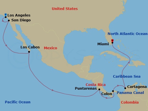 15 Night - Msc Grand Voyages - MSC Poesia - Starting in Los Angeles, San Diego, Cabo San Lucas, Mexico, Puntarenas (San Jose), Costa Rica, Cruising Panama Canal, Colon, Panama, Cartagena CO, Miami, Florida itinerary map