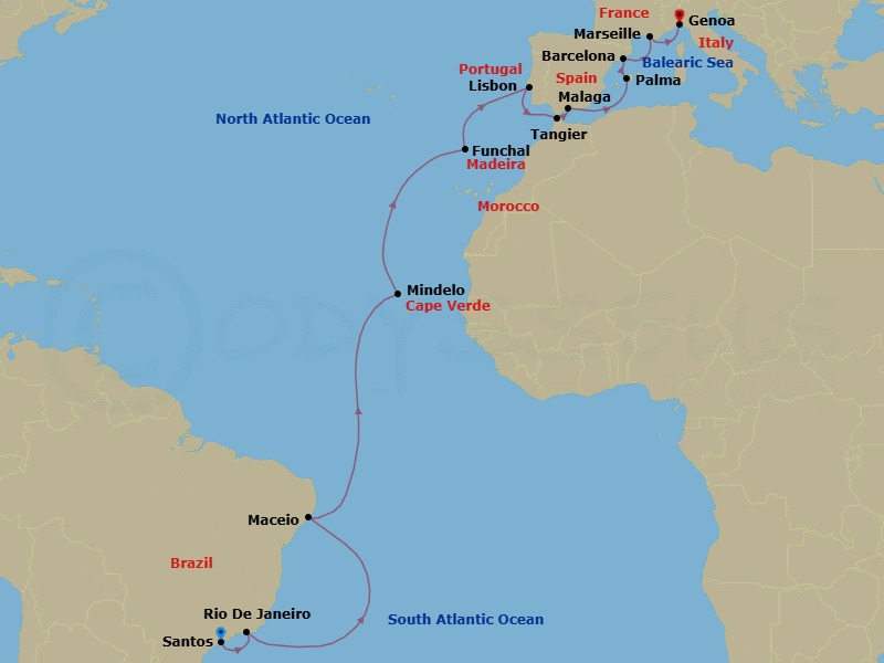 23 Night - Msc Grand Voyages - MSC Seaview - Starting in Santos (Sao Paulo), Brazil, Rio De Janeiro, Brazil, Maceio, Brazil, Mindelo, Cape Verde, Funchal (Madeira Islands), Portugal, Lisbon (Cascais), Portugal, Tangier (Tetouan), Morocco, Malaga (Granada), Spain, Palma De Mallorca (Baleari Is), Spain, Barcelona, Spain, Marseille (Provence), France, Genoa (Portofino), Italy itinerary map