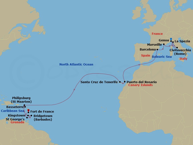 21 Night - Msc Grand Voyages - MSC World Europa - Starting in Genoa (Portofino), Italy, Civitavecchia (Rome), Italy, La Spezia (Cinque Terre), Italy, Marseille (Provence), France, Barcelona, Spain, Puerto Del Rosario / Fuerteventura, Spain, Santa Cruz de Tenerife, Philipsburg, St Maarten, Basseterre, St Kitts and Nevis, Kingstown, St Vincent and the Grenadines, Bridgetown, Barbados, Saint Georges, Granada, Fort-de-France, Martinique itinerary map