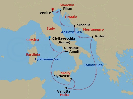 10 Night - Italy, Malta & Montenegro Cruise : Amalfi, Valletta & Kotor - Azamara Onward - Starting in Rome (Civitavecchia), Sorrento, Amalfi, Siracusa, Sicily, Valletta, Kotor, Sibenik, Piran, Venice itinerary map