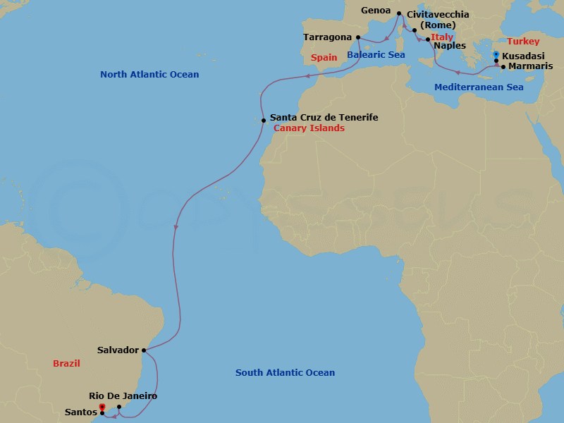 21 Night - Msc Grand Voyages - MSC Divina - Starting in Kusadasi, Turkey, Marmaris, Turkey, Naples (Pompeii), Italy, Civitavecchia (Rome), Italy, Genoa (Portofino), Italy, Tarragona, Spain, Santa Cruz de Tenerife, Salvador, Brazil, Rio De Janeiro, Brazil, Santos (Sao Paulo), Brazil itinerary map
