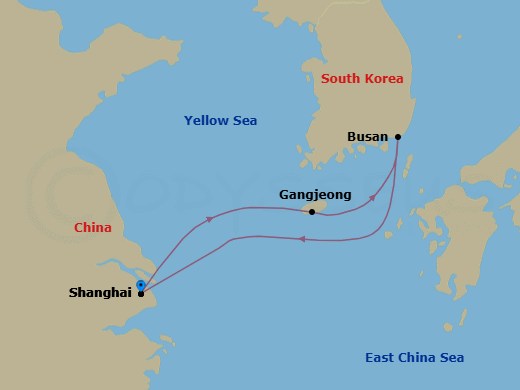 4 Night - Far East - MSC Bellissima - Starting in Shanghai, China, Gangjeong / Jeju Island, South Korea, Busan, South Korea, Shanghai, China itinerary map