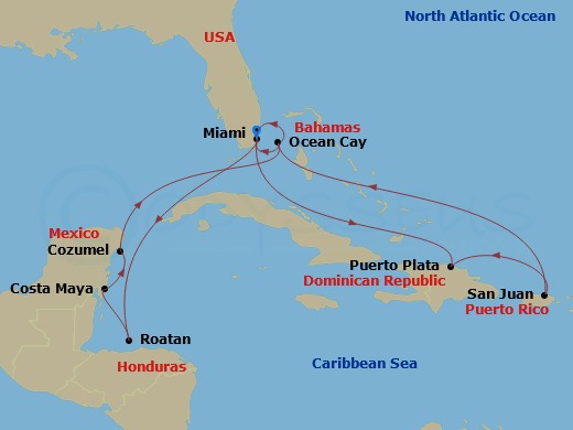 14 Night - Caribbean and Antilles - MSC World America - Starting in Miami, Florida, Puerto Plata, Dominican Republic, San Juan Porto Rico, Ocean Cay Msc Marine Reserve, Bahamas, Miami, Florida, Isla De Roatan, Honduras, Costa Maya, Mexico, Cozumel, Mexico, Ocean Cay Msc Marine Reserve, Bahamas, Miami, Florida itinerary map