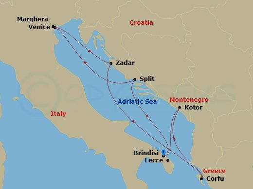 7 Night - Mediterranean - MSC Armonia - Starting in Brindisi (Lecce), Italy, Split, Croatia, Venice / Marghera, Italy, Zadar, Croatia, Corfu, Greece, Kotor, Montenegro, Brindisi (Lecce), Italy itinerary map