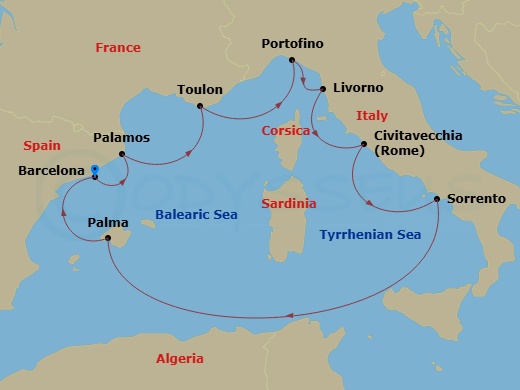 9 Night - Miro to Michelangelo - Seven Seas Navigator - Starting in Barcelona, Sete, Toulon, Portofino, Tuscany (Livorno), Rome (Civitavecchia), Sorrento / Capri, Cruising the Mediterranean Sea, Palma De Mallorca, Barcelona itinerary map