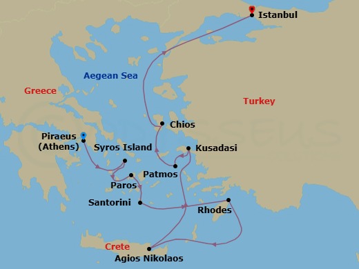10 Night - Greece Intensive Cruise : Syros, Paros & Patmos - Azamara Onward - Starting in Athens (Piraeus), Syros, Paros, Santorini, Rhodes, Agios Nikolaos, (Crete), Ephesus (Kusadasi), Patmos, Chios, Istanbul itinerary map