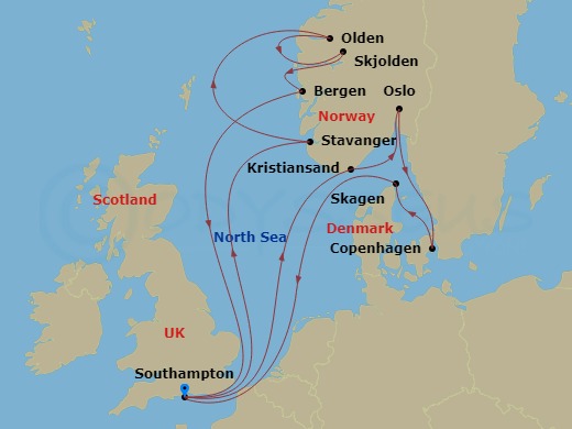 14 Night - Norwegian Fjords & Scandinavia - Sky Princess - Starting in Southampton (for London), England, Stavanger, Norway, Olden, Norway, Skjolden / Sognefjord, Norway, Bergen, Norway, Southampton (for London), England, Kristiansand, Norway, Oslo, Norway, Copenhagen, Denmark, Skagen, Denmark, Southampton (for London), England itinerary map