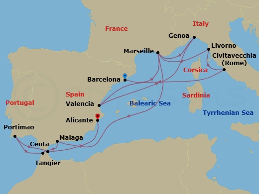 14 Night - Mediterranean - MSC Sinfonia - Starting in Barcelona, Spain, Marseille (Provence), France, Livorno (Florence), Italy, Civitavecchia (Rome), Italy, Valencia, Spain, Genoa (Portofino), Italy, Marseille (Provence), France, Malaga (Granada), Spain, Tangier (Tetouan), Morocco, Portimao, Portugal, Ceuta, Spain, Alicante, Spain itinerary map