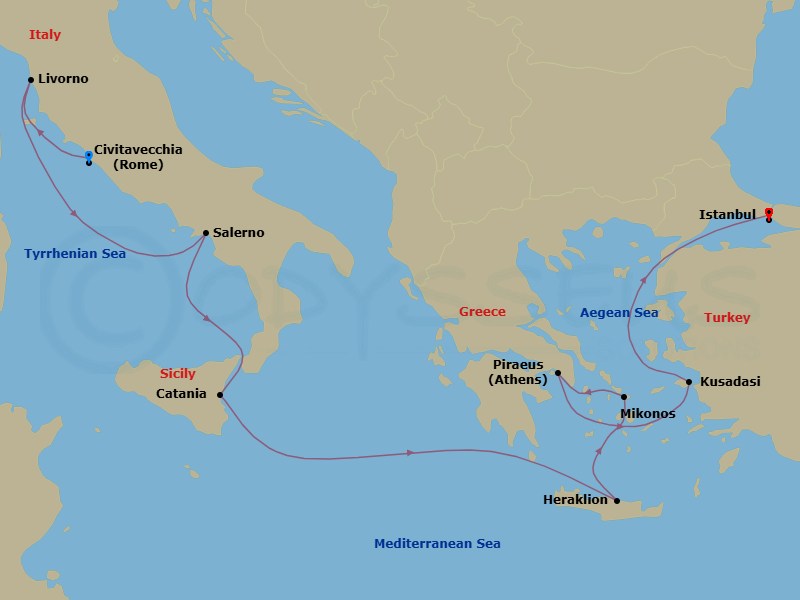 12 Night - Rome & Etruria Pre Cruisetour - Norwegian Viva Tours - Starting in At Hotel, Civitavecchia Rome, Italy, Livorno / Florence / Pisa, Italy, Amalfi Coast (Salerno), Italy, Catania, Italy, Heraklion / Crete, Greece, Mykonos, Greece, Piraeus / Athens, Greece, Kusadasi, Turkey, Istanbul, Turkey itinerary map