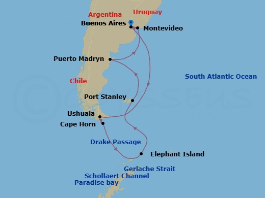 14 Night - Antarctica Cruise - Celebrity Equinox - Starting in Buenos Aires, Argentina, Ushuaia, Argentina, Cape Horn, Chile, Gerlache Strait, Paradise Bay, Antarctica, Schollaert Channel, Antarctica, Elephant Island, Antarctica, Port Stanley, Falkland Islands, Puerto Madryn, Argentina, Montevideo, Uruguay, Buenos Aires, Argentina itinerary map