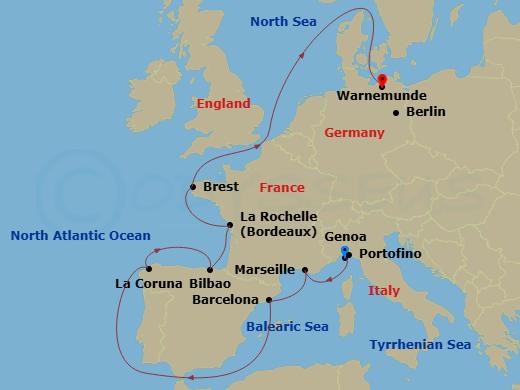 11 Night - Northern Europe - MSC Magnifica - Starting in Genoa (Portofino), Italy, Marseille (Provence), France, Barcelona, Spain, La Coruna (Santiago De Compostela), Spain, Bilbao, La Rochelle, France, Brest, France, Warnemunde (Berlin), Germany itinerary map