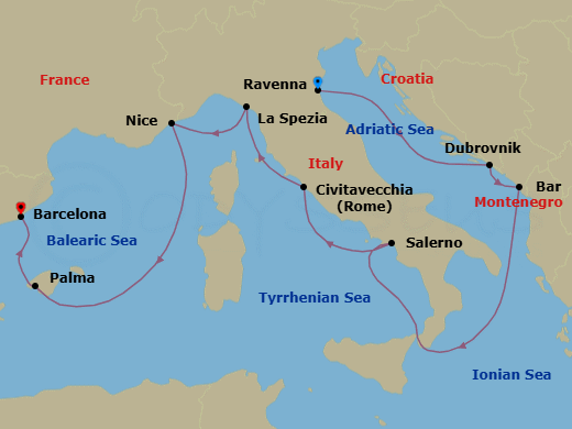 12 Night - Pre Venice Cruisetour - Norwegian Viva Tours - Starting in At Hotel, Venice (Ravenna), Italy, Dubrovnik, Croatia, Montenegro, Amalfi Coast (Salerno), Italy, Civitavecchia Rome, Italy, La Spezia, Italy, Nice / Monaco (Villefranche), France, Palma Majorca, Spain, Barcelona, Spain itinerary map