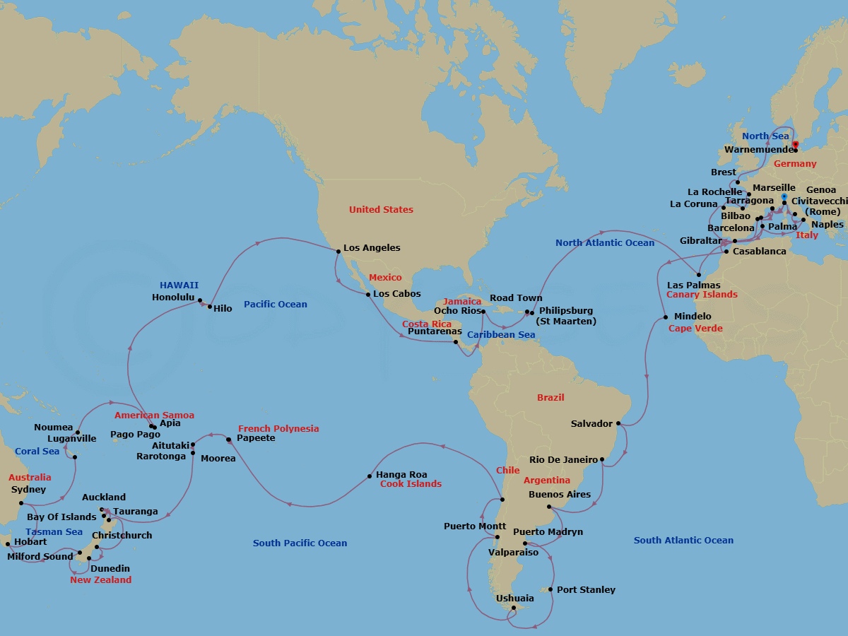 132 Night - Msc World Cruise - MSC Magnifica - Starting in Genoa (Portofino), Italy, Marseille (Provence), France, Barcelona, Spain, Gibraltar, Casablanca (Marrakesh), Morocco, Mindelo, Cape Verde, Salvador, Brazil, Rio De Janeiro, Brazil, Buenos Aires, Argentina, Puerto Madryn, Argentina, Port Stanley, Falkland Islands, Ushuaia, Argentina, Puerto Montt, Chile, Valparaiso, Chile, Hanga Roa (Rapa Nui), Chile, Bounty Bay Passage, Pitcairn, Papeete Tahiti, Moorea, French Polynesia, Aitutaki, Cook Islands, Rarotonga, Cook Islands, Bay of Islands, New Zealand, Auckland, New Zealand, Tauranga, New Zealand, Christchurch, New Zealand, Dunedin, New Zealand, Cruising Milford Sound, New Zealand, Hobart (Tasmania), Australia, Sydney AU, Australia, Noumea, New Caledonia, Luganville, Vanuatu, Apia, Western Samoa, Pago Pago, American Samoa, Honolulu, Hawaii, Hilo, Hawaii, Los Angeles, Cabo San Lucas, Mexico, Puntarenas (San Jose), Costa Rica, Cruising Panama Canal, Ocho Rios, Jamaica, Road Town (Tortola), British Virgin Islands, Philipsburg, St Maarten, Las Palmas de Gran Canaria (Canary Islands), Spain, Palma De Mallorca (Balearic Islands), Spain, Naples (Pompeii), Italy, Civitavecchia (Rome), Italy, Genoa (Portofino), Italy, Marseille (Provence), France, Tarragona, Spain, La Coruna (Santiago De Compostela), Spain, Bilbao, Spain, La Rochelle, France, Brest, France, Warnemunde (Berlin), Germany itinerary map