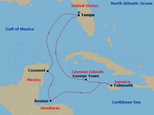 8 Night - Western Caribbean Holiday - Brilliance of the Seas - Starting in Tampa, Florida, Cozumel, Mexico, Roatan, Honduras, Falmouth, Jamaica, George Town, Grand Cayman, Tampa, Florida itinerary map