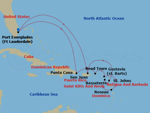 12 Night - The Americas & Caribbean - Crystal Symphony - Starting in Fort Lauderdale, San Juan, St Johns, St Kitts (Basseterre), Roseau, Gustavia, St Barthelemy, Road Town, Punta Cana, Fort Lauderdale itinerary map