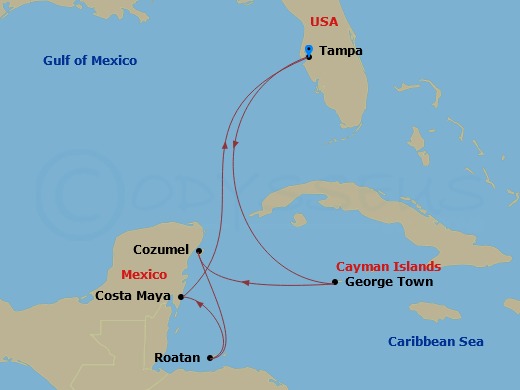 8 Night - Western Caribbean Cruise - Brilliance of the Seas - Starting in Tampa, Florida, George Town, Grand Cayman, Cozumel, Mexico, Roatan, Honduras, Puerto Costa Maya, Mexico, Tampa, Florida itinerary map