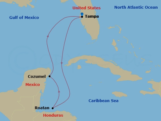 5 Night - Western Caribbean Cruise - Brilliance of the Seas - Starting in Tampa, Florida, Roatan, Honduras, Cozumel, Mexico, Tampa, Florida itinerary map