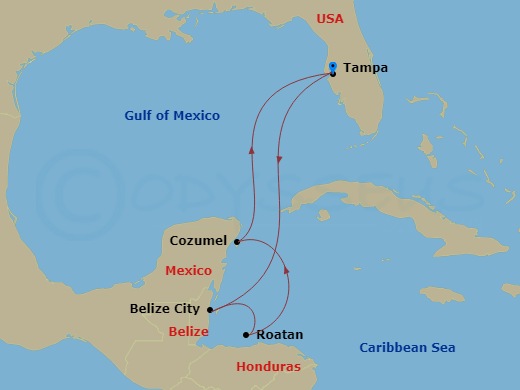 6 Night - Western Caribbean Cruise - Brilliance of the Seas - Starting in Tampa, Florida, Belize City, Belize, Roatan, Honduras, Cozumel, Mexico, Tampa, Florida itinerary map