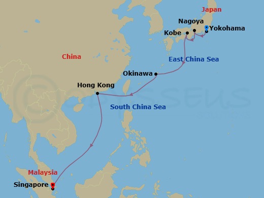 10 Night - Best of Japan & Hong Kong - Quantum of the Seas - Starting in Tokyo (Yokohama), Japan, Nagoya, Japan, Kobe, Japan, Okinawa, Japan, Hong Kong, China, Singapore itinerary map